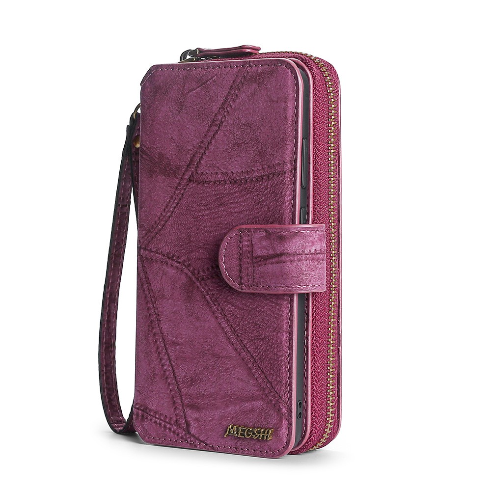 MEGSHI 004 Series Scratch Resistant Magnetic Detachable Stand Design Zipper Pocket Shockproof PU Leather TPU Wallet Cover for Samsung Galaxy Note20 Ultra 5G/4G - Wine Red-9
