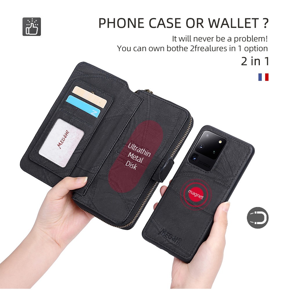 MEGSHI 004 Series For Samsung Galaxy S20 Ultra Magnetic Detachable Stand Design Zipper Pocket Shockproof PU Leather TPU Wallet Cover - Black-4