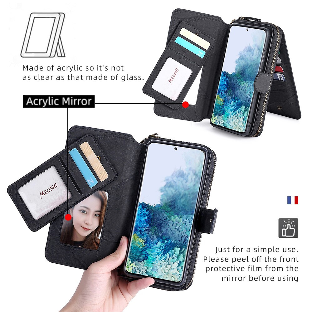 MEGSHI 004 Series For Samsung Galaxy S20 Ultra Magnetic Detachable Stand Design Zipper Pocket Shockproof PU Leather TPU Wallet Cover - Black-6