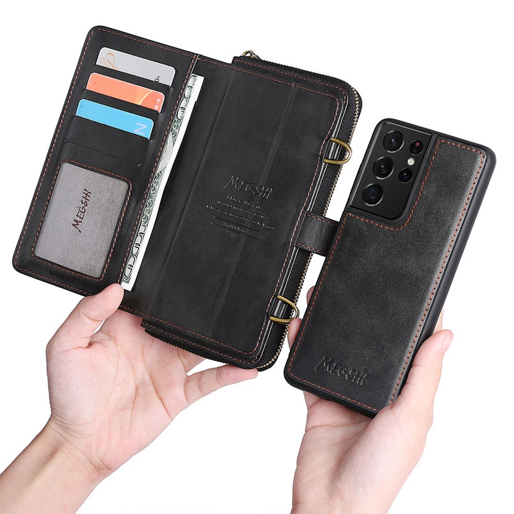 MEGSHI 020 Series Shockproof Anti-scratch Magnetic Wallet Detachable Design PU Leather TPU Cover Shell with Long Strap for Samsung Galaxy S21 Ultra 5G - Black-1