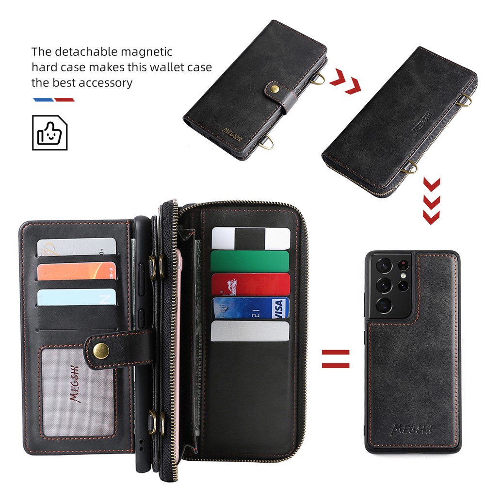 MEGSHI 020 Series Shockproof Anti-scratch Magnetic Wallet Detachable Design PU Leather TPU Cover Shell with Long Strap for Samsung Galaxy S21 Ultra 5G - Black-10