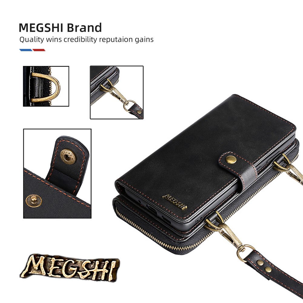 MEGSHI 020 Series Shockproof Anti-scratch Magnetic Wallet Detachable Design PU Leather TPU Cover Shell with Long Strap for Samsung Galaxy S21 Ultra 5G - Black-3