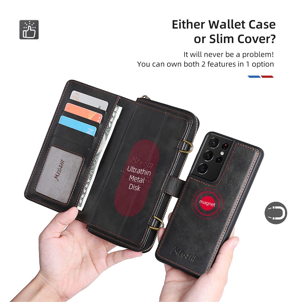 MEGSHI 020 Series Shockproof Anti-scratch Magnetic Wallet Detachable Design PU Leather TPU Cover Shell with Long Strap for Samsung Galaxy S21 Ultra 5G - Black-4