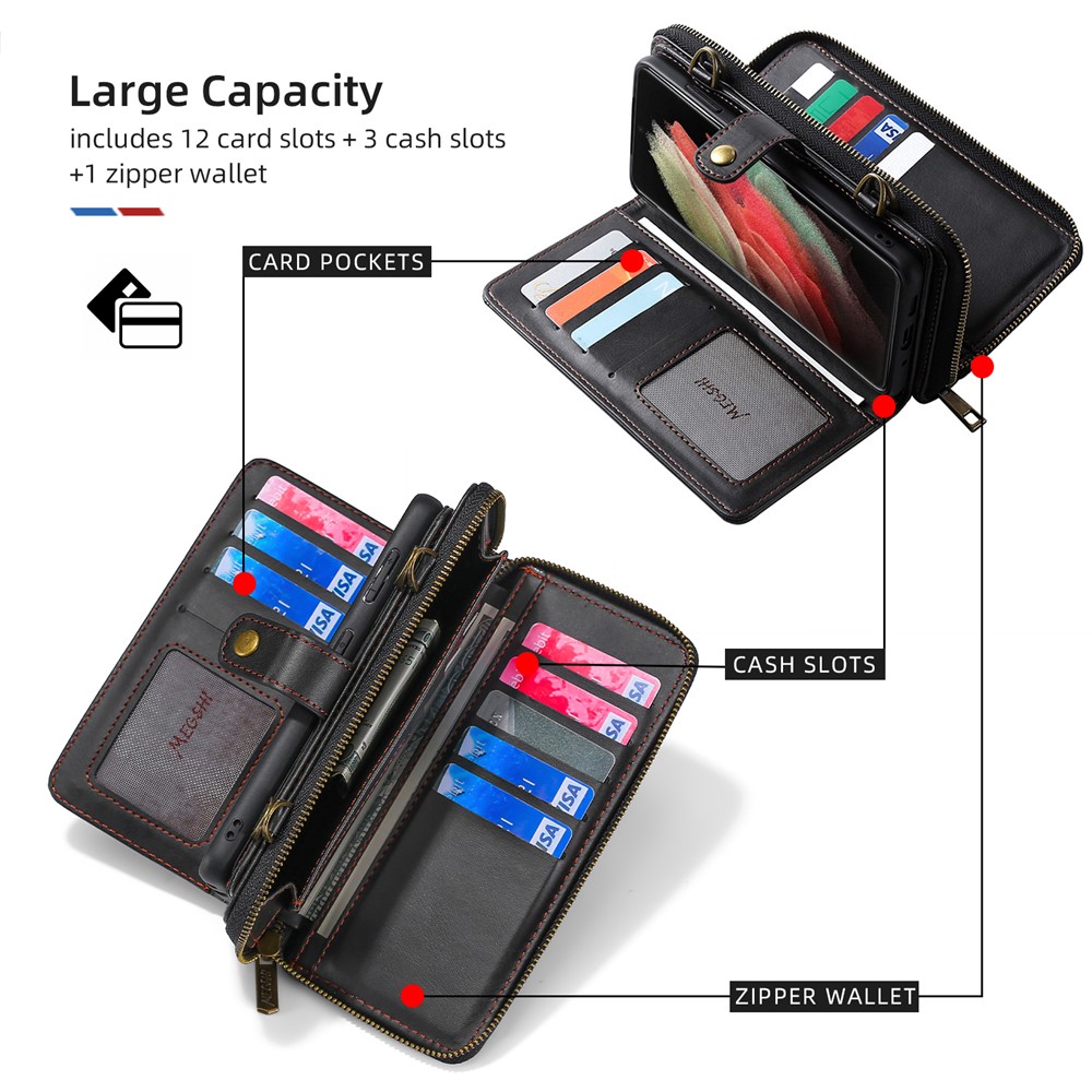 MEGSHI 020 Series Shockproof Anti-scratch Magnetic Wallet Detachable Design PU Leather TPU Cover Shell with Long Strap for Samsung Galaxy S21 Ultra 5G - Black-5