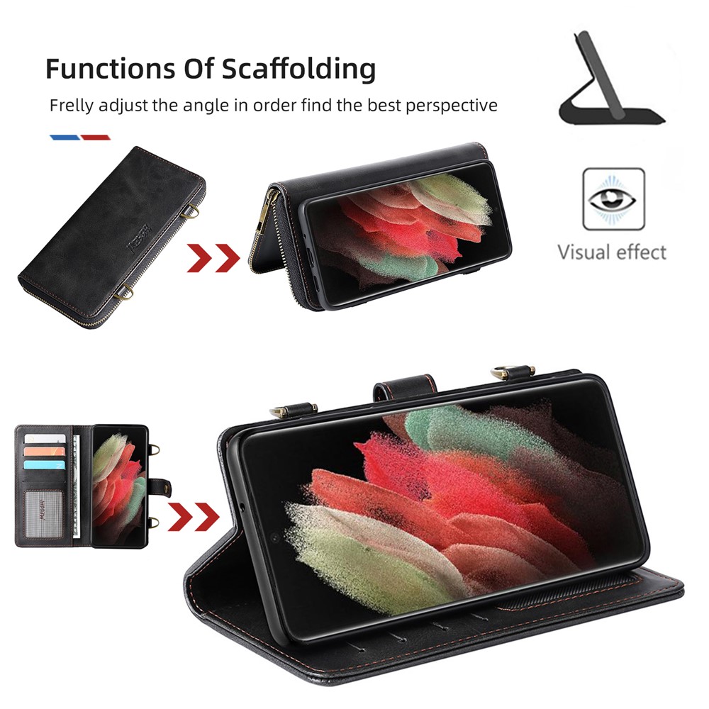 MEGSHI 020 Series Shockproof Anti-scratch Magnetic Wallet Detachable Design PU Leather TPU Cover Shell with Long Strap for Samsung Galaxy S21 Ultra 5G - Black-6