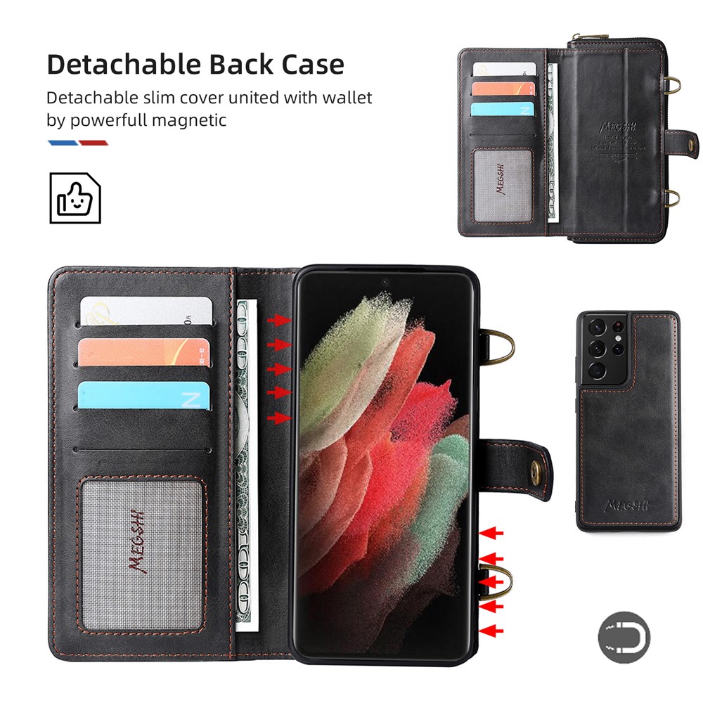 MEGSHI 020 Series Shockproof Anti-scratch Magnetic Wallet Detachable Design PU Leather TPU Cover Shell with Long Strap for Samsung Galaxy S21 Ultra 5G - Black-7