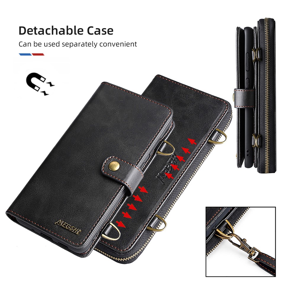 MEGSHI 020 Series Shockproof Anti-scratch Magnetic Wallet Detachable Design PU Leather TPU Cover Shell with Long Strap for Samsung Galaxy S21 Ultra 5G - Black-8