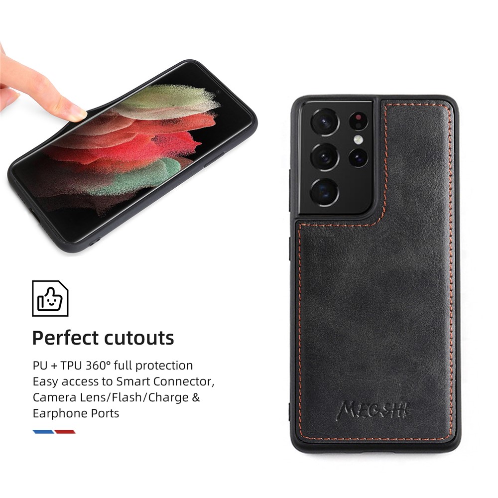 MEGSHI 020 Series Shockproof Anti-scratch Magnetic Wallet Detachable Design PU Leather TPU Cover Shell with Long Strap for Samsung Galaxy S21 Ultra 5G - Black-9