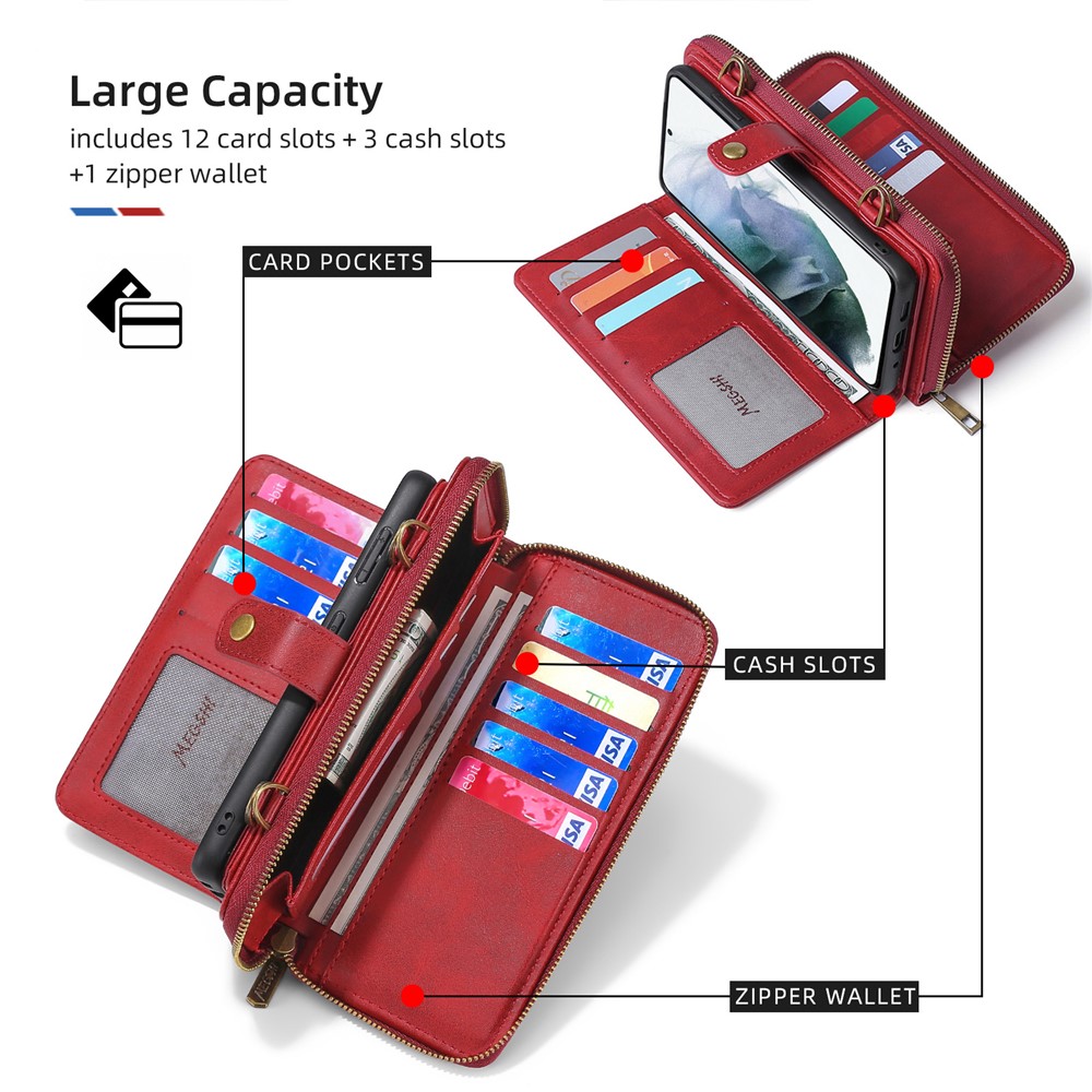 MEGSHI 020 Series Shockproof Magnetic Wallet Shoulder Strap Detachable Design PU Leather TPU Cover for Samsung Galaxy S21 FE 5G/S21 Fan Edition - Red-5
