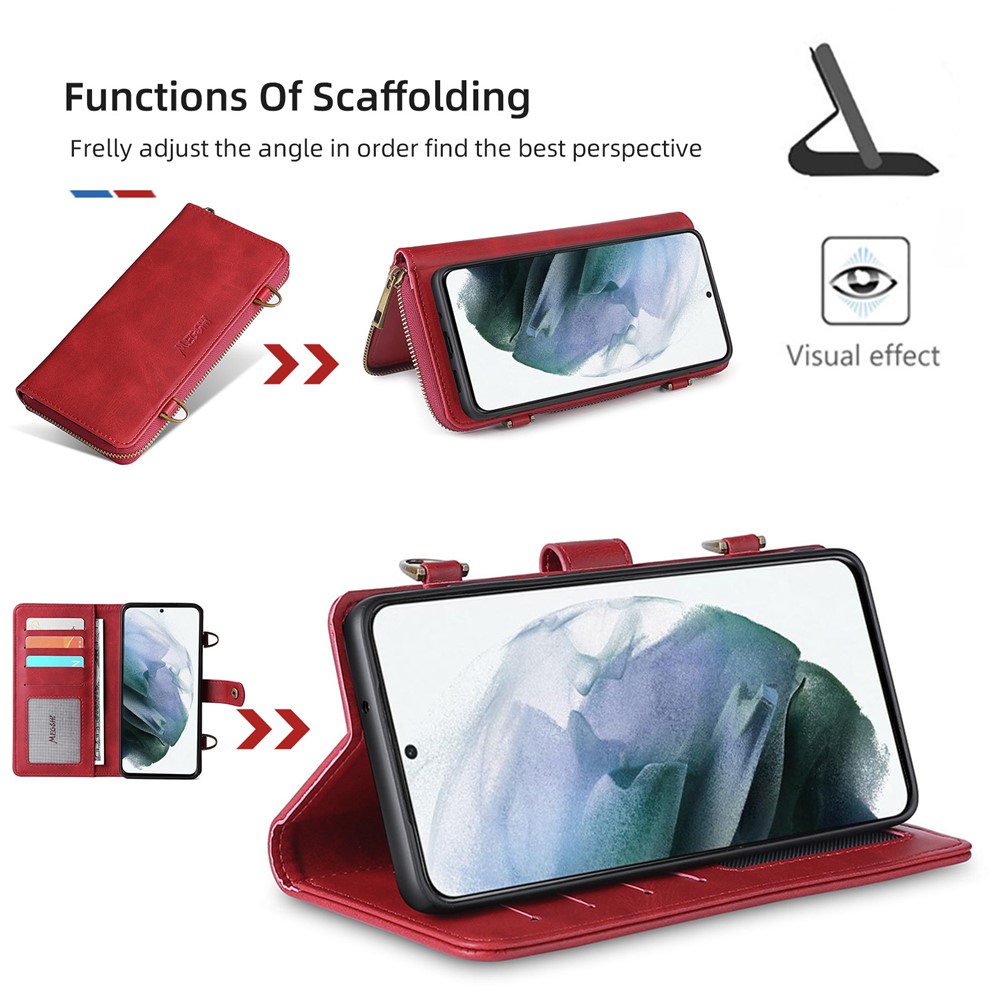 MEGSHI 020 Series Shockproof Magnetic Wallet Shoulder Strap Detachable Design PU Leather TPU Cover for Samsung Galaxy S21 FE 5G/S21 Fan Edition - Red-6