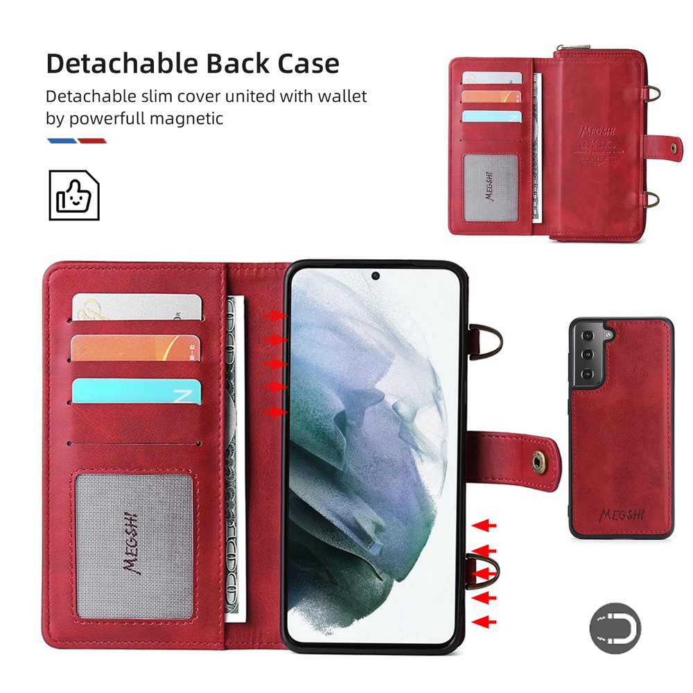 MEGSHI 020 Series Shockproof Magnetic Wallet Shoulder Strap Detachable Design PU Leather TPU Cover for Samsung Galaxy S21 FE 5G/S21 Fan Edition - Red-7