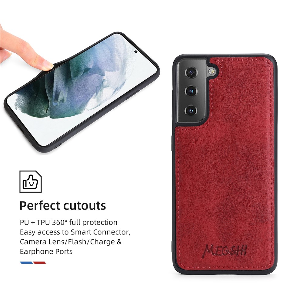 MEGSHI 020 Series Shockproof Magnetic Wallet Shoulder Strap Detachable Design PU Leather TPU Cover for Samsung Galaxy S21 FE 5G/S21 Fan Edition - Red-9
