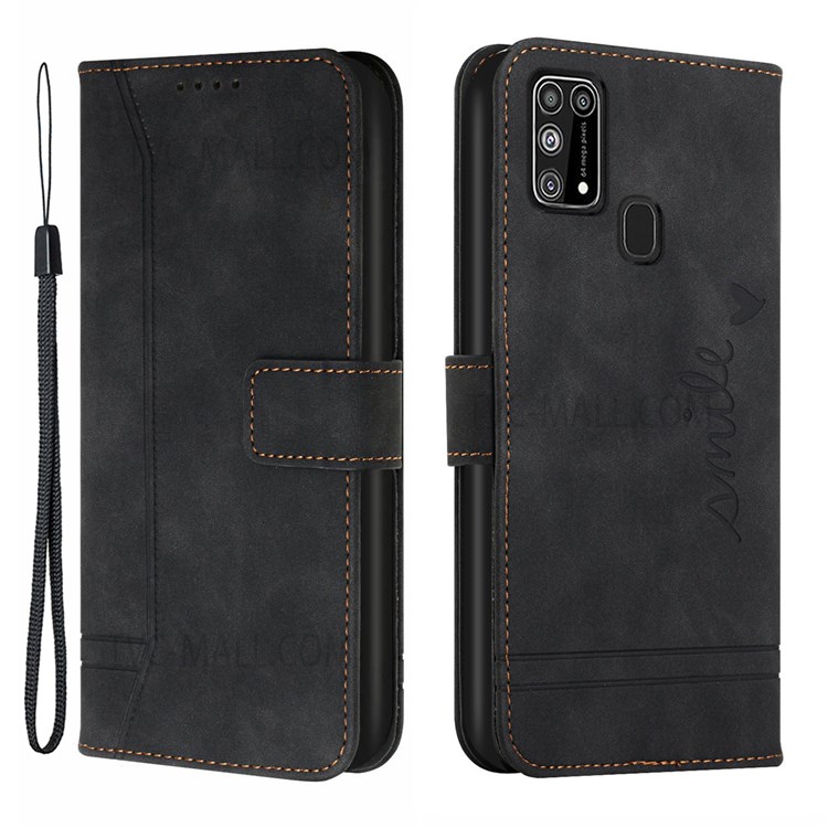 003 Series Heart Imprinted Pattern Scratch Resistant Leather Wallet Design Skin-touch Feeling Phone Stand Case for Samsung Galaxy M31 Prime//M21s/F41 - Black-1
