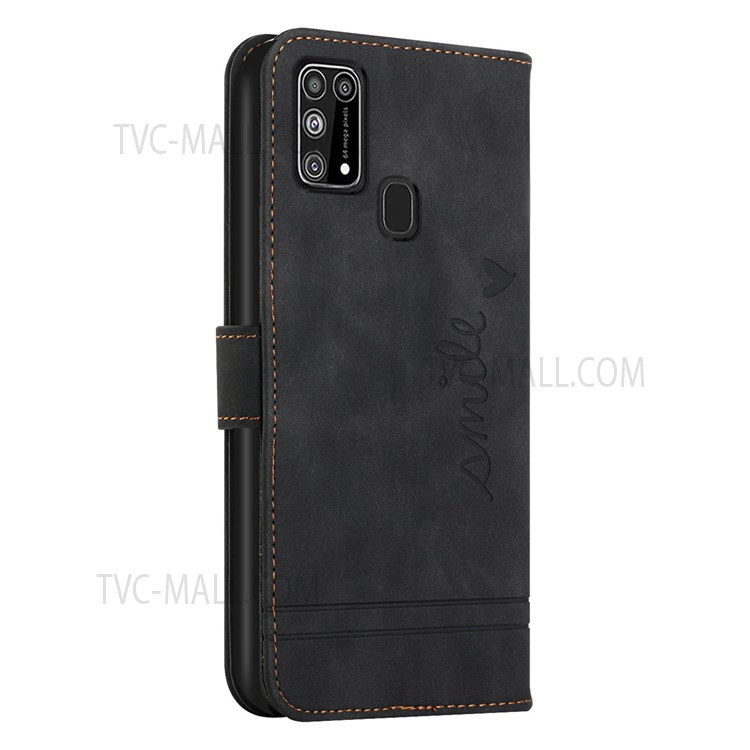 003 Series Heart Imprinted Pattern Scratch Resistant Leather Wallet Design Skin-touch Feeling Phone Stand Case for Samsung Galaxy M31 Prime//M21s/F41 - Black-3