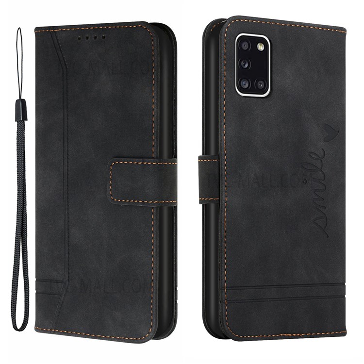 003 Series Phone Stand Case Heart Imprinted Pattern Scratch Resistant Leather Wallet for Samsung Galaxy A31 - Black-1