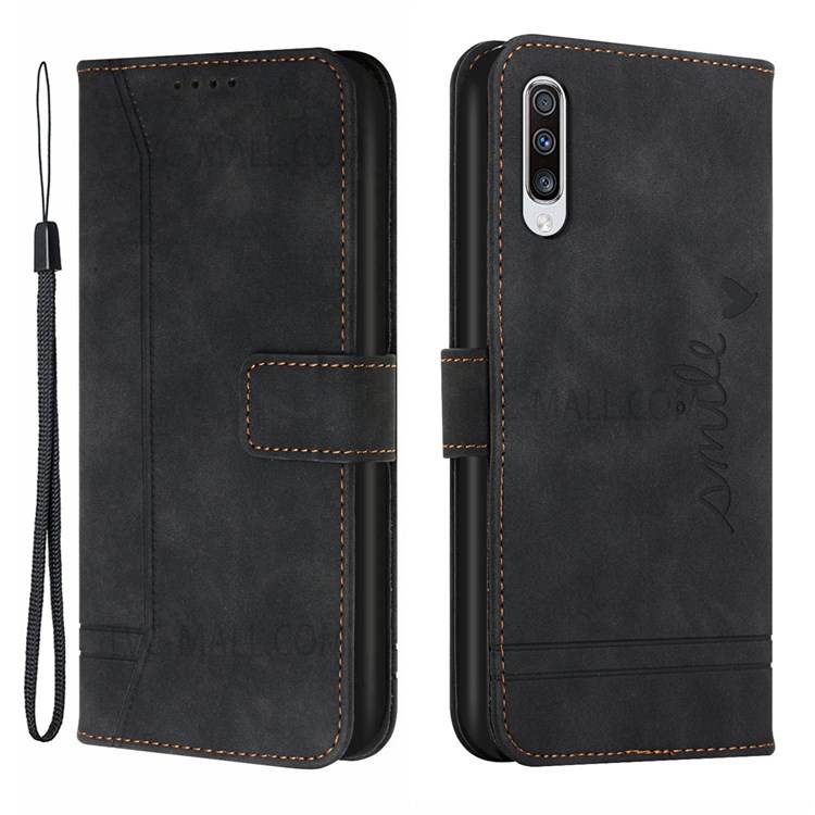 003 Series Well-Protected Anti-Fall Skin Feel Heart Shape Imprint Leather Wallet Stand Shell with Wrist Strap for Samsung Galaxy A50/A50s/A30s - Black-1