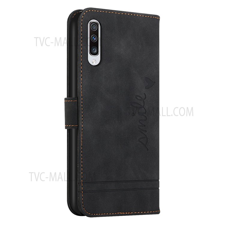 003 Series Well-Protected Anti-Fall Skin Feel Heart Shape Imprint Leather Wallet Stand Shell with Wrist Strap for Samsung Galaxy A50/A50s/A30s - Black-3