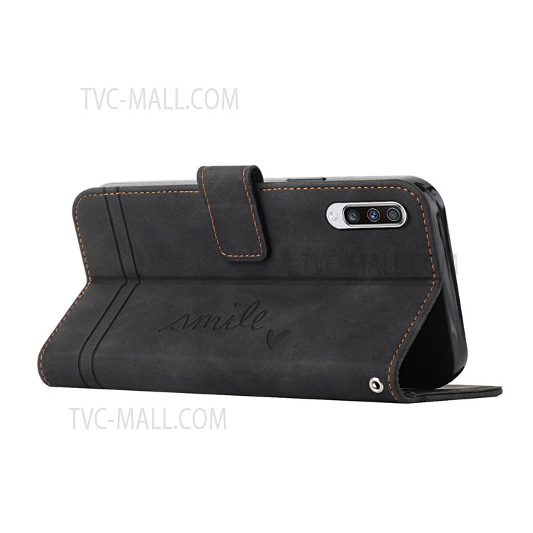 003 Series Well-Protected Anti-Fall Skin Feel Heart Shape Imprint Leather Wallet Stand Shell with Wrist Strap for Samsung Galaxy A50/A50s/A30s - Black-4