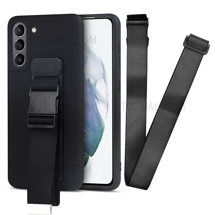 Solid Color Precise Cutout Adjustable Wristband Kickstand Design Soft TPU Protective Case with Long Strap for Samsung Galaxy S21 5G - Black-2