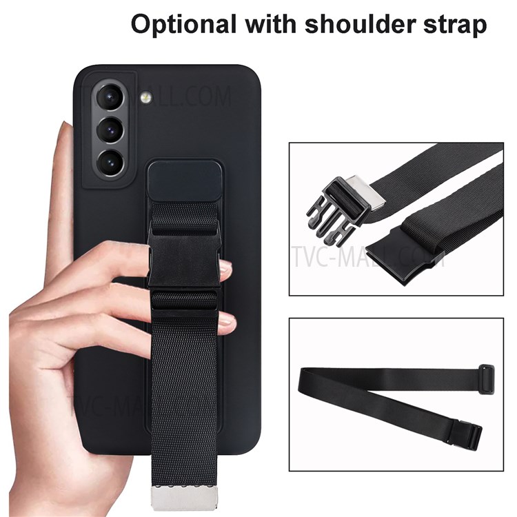 Solid Color Precise Cutout Adjustable Wristband Kickstand Design Soft TPU Protective Case with Long Strap for Samsung Galaxy S21 5G - Black-8