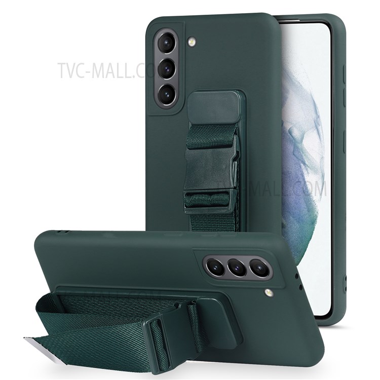 Precise Cutout Anti-scratch Wrist Strap Kickstand Design Soft TPU Case Shell for Samsung Galaxy S21 5G - Green-1