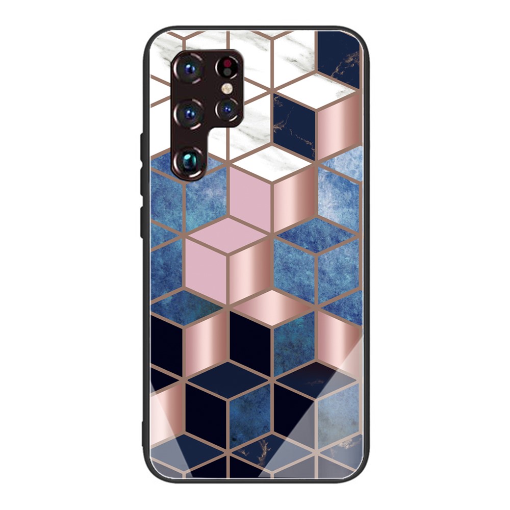 Marble Pattern Smooth Touch Stylish Tempered Glass + TPU Phone Back Cover Case for Samsung Galaxy S22 Ultra - Style A-1
