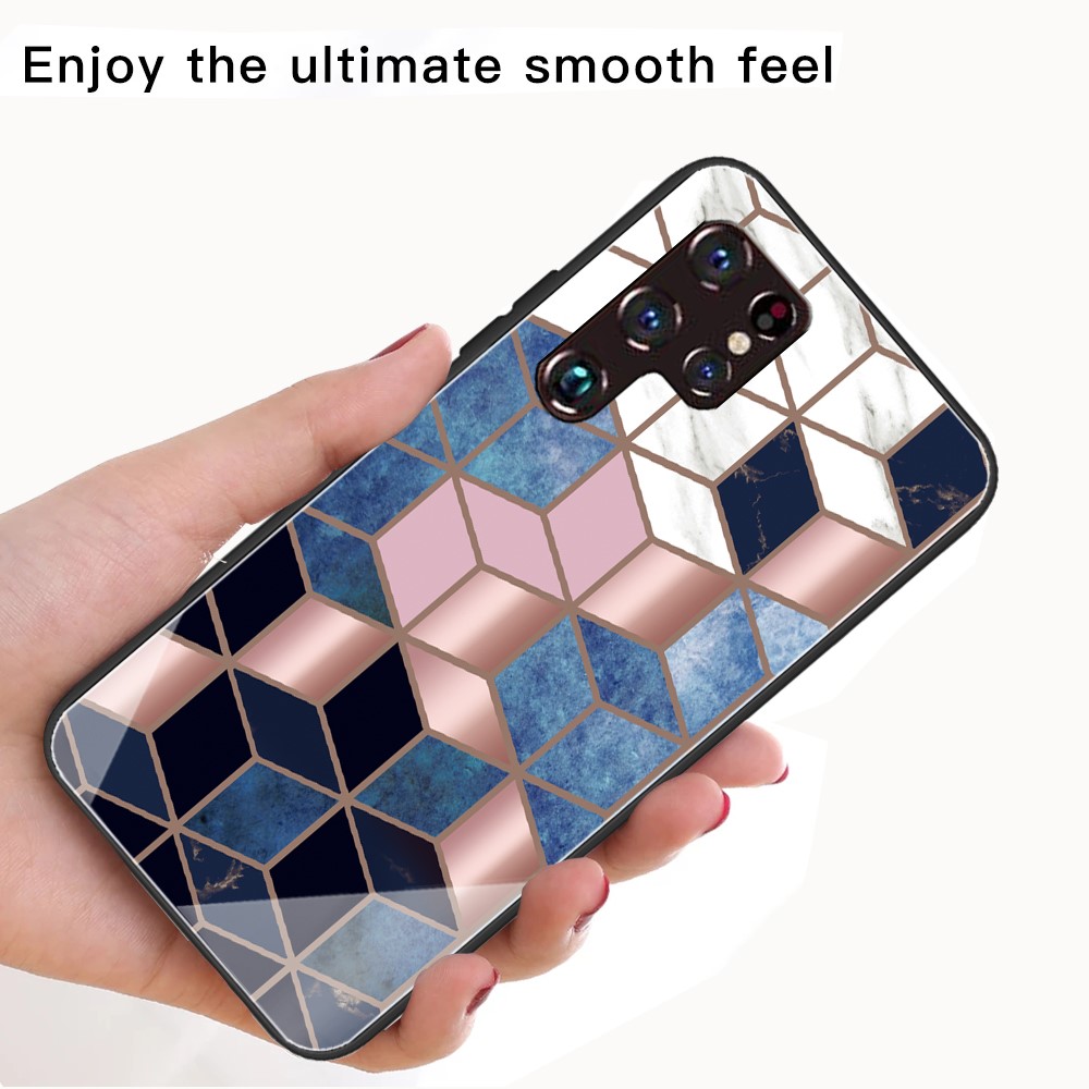 Marble Pattern Smooth Touch Stylish Tempered Glass + TPU Phone Back Cover Case for Samsung Galaxy S22 Ultra - Style A-3
