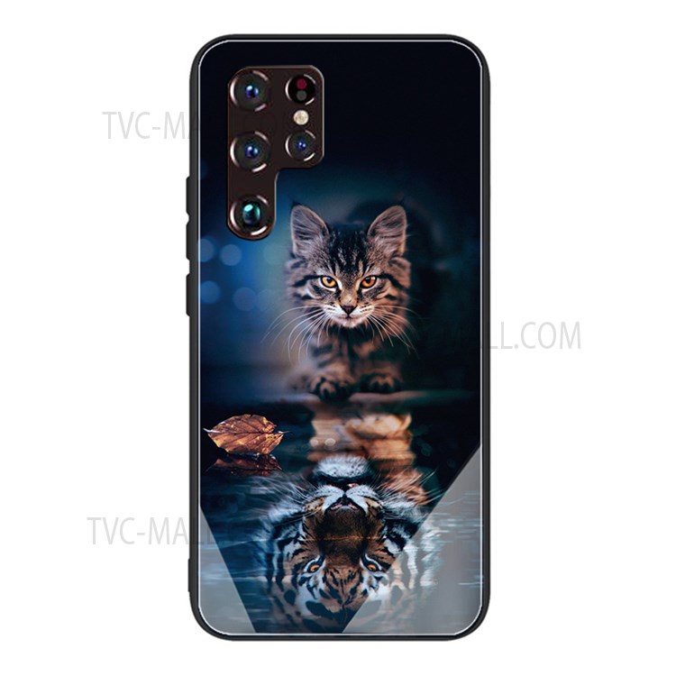Pattern Printing Smooth Feel Anti-scratch Tempered Glass + TPU Phone Shell Cover for Samsung Galaxy S22 Ultra - Cat-1