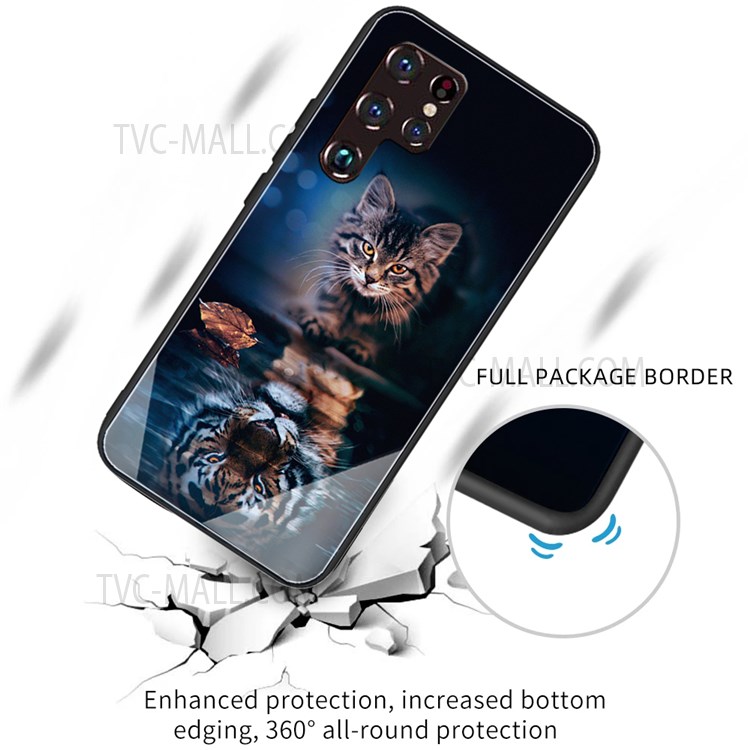 Pattern Printing Smooth Feel Anti-scratch Tempered Glass + TPU Phone Shell Cover for Samsung Galaxy S22 Ultra - Cat-2