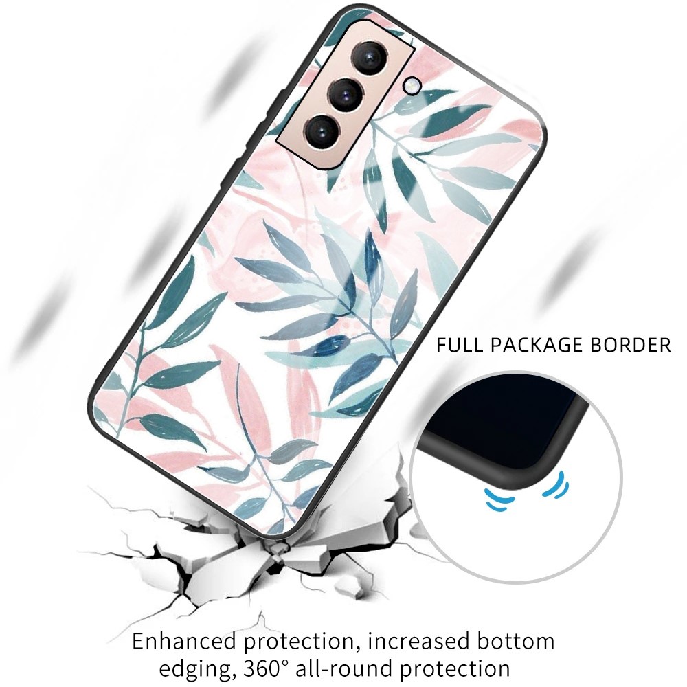 Tempered Glass + Soft TPU Phone Case Wear-Resistant Shockproof Pattern Printing Phone Protective Cover for Samsung Galaxy S22 Plus - Leaf-2