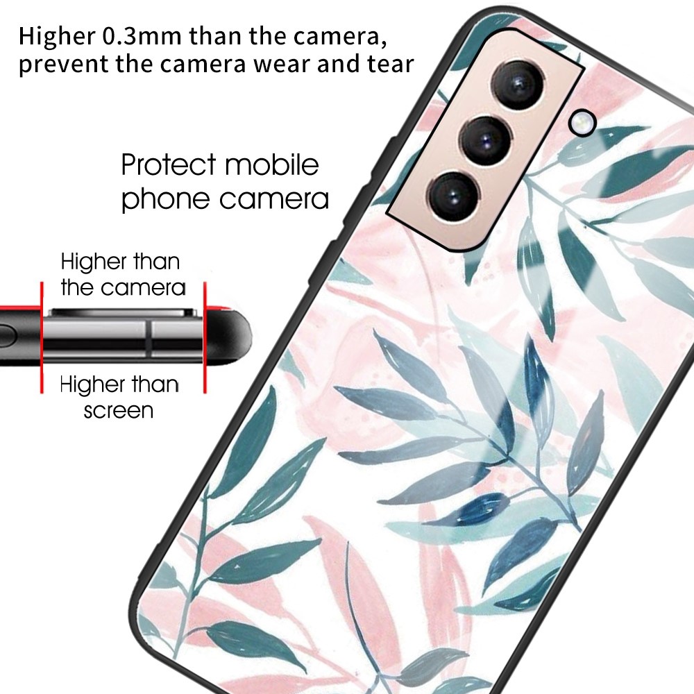 Tempered Glass + Soft TPU Phone Case Wear-Resistant Shockproof Pattern Printing Phone Protective Cover for Samsung Galaxy S22 Plus - Leaf-3