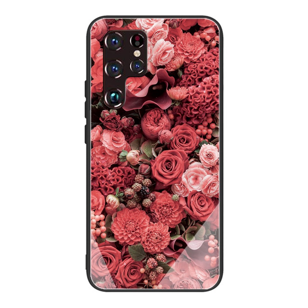 Anti-Scratch Pattern Printing Shockproof TPU Edges Tempered Glass Back Protective Cover for Samsung Galaxy S22 Ultra - Artless Million Flowers-1