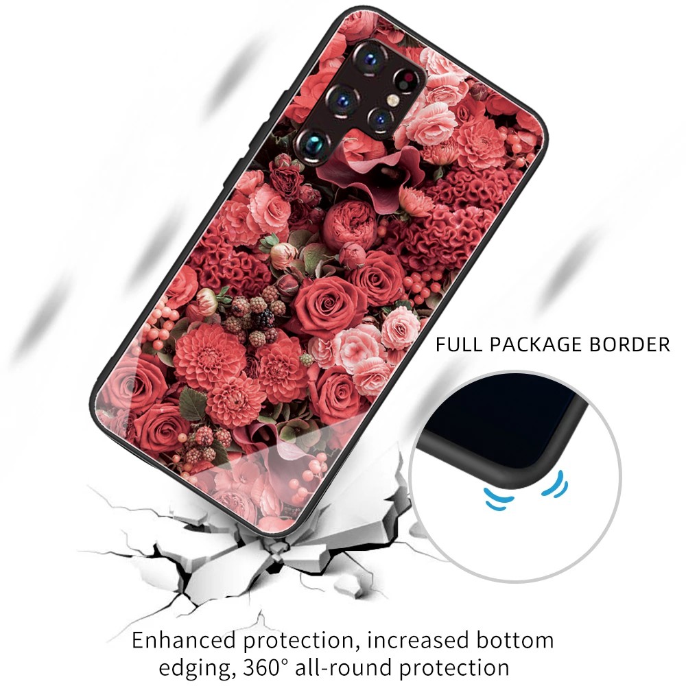 Anti-Scratch Pattern Printing Shockproof TPU Edges Tempered Glass Back Protective Cover for Samsung Galaxy S22 Ultra - Artless Million Flowers-2
