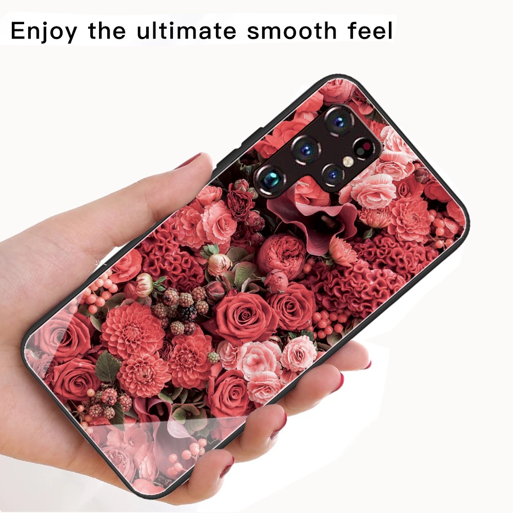 Anti-Scratch Pattern Printing Shockproof TPU Edges Tempered Glass Back Protective Cover for Samsung Galaxy S22 Ultra - Artless Million Flowers-3