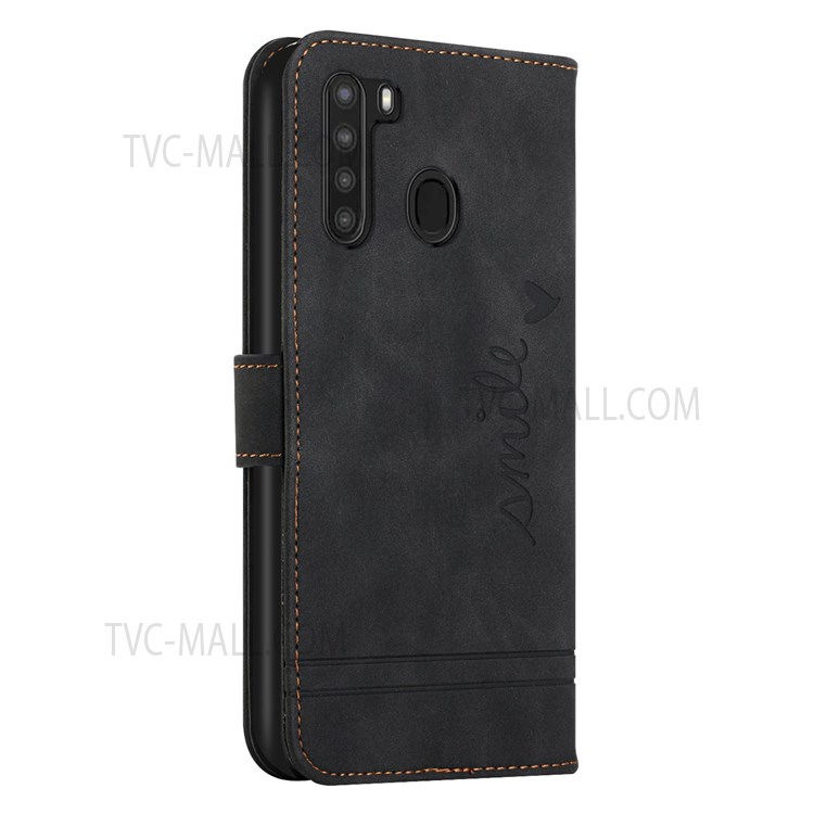 003 Series Leather Flip Phone Cover Heart Imprinted Pattern Wallet Design Skin-touch Feeling Phone Stand Case for Samsung Galaxy A21 (US Version) - Black-3