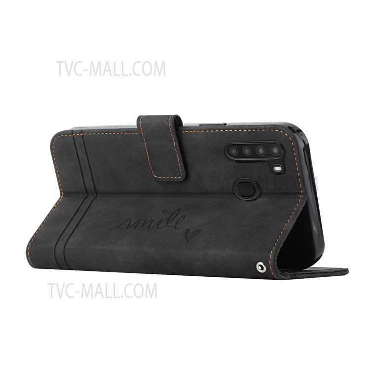003 Series Leather Flip Phone Cover Heart Imprinted Pattern Wallet Design Skin-touch Feeling Phone Stand Case for Samsung Galaxy A21 (US Version) - Black-4
