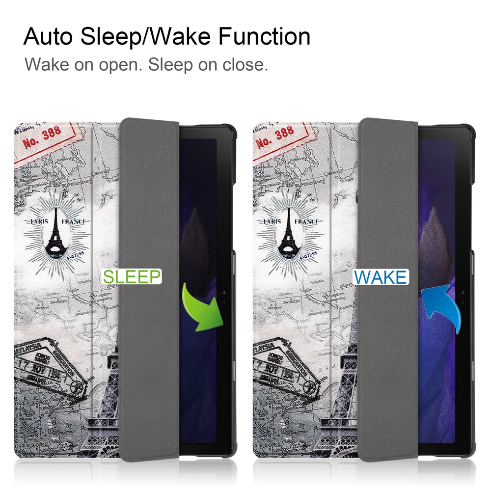 Trifold Stand Pattern Printing Hard PC Soft PU Leather Tablet Cover with Auto Sleep/Wake for Samsung Galaxy Tab A8 10.5 (2021) SM-X205 / SM-X200 - Eiffel Tower and Map-2