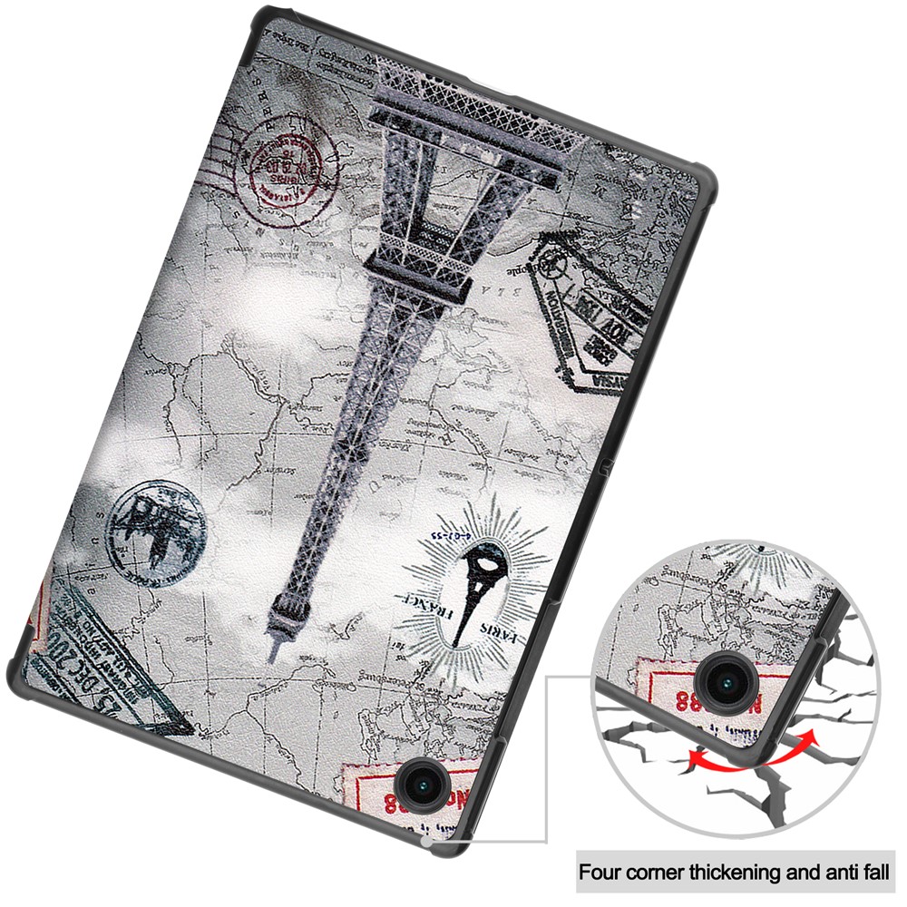 Trifold Stand Pattern Printing Hard PC Soft PU Leather Tablet Cover with Auto Sleep/Wake for Samsung Galaxy Tab A8 10.5 (2021) SM-X205 / SM-X200 - Eiffel Tower and Map-6