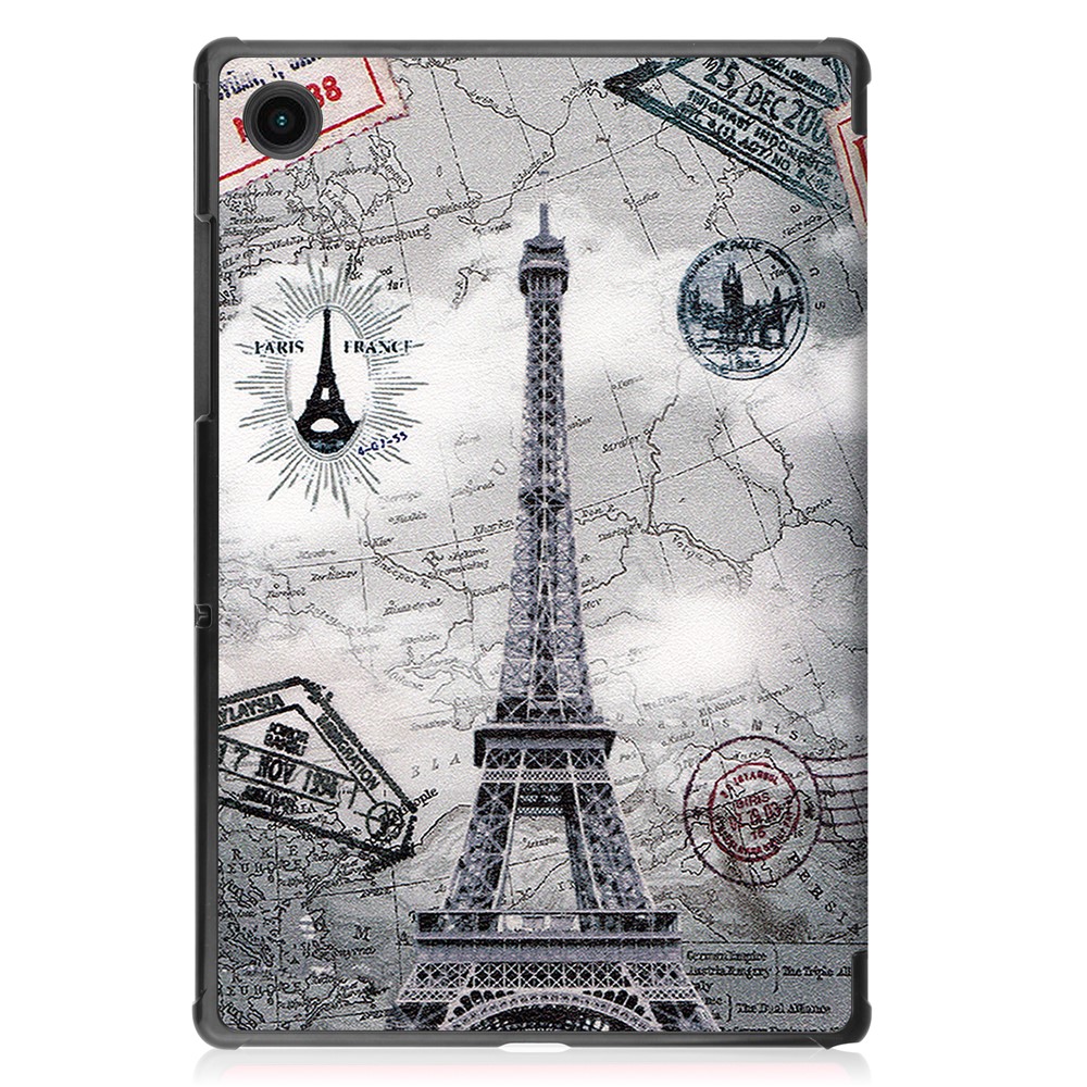 Trifold Stand Pattern Printing Hard PC Soft PU Leather Tablet Cover with Auto Sleep/Wake for Samsung Galaxy Tab A8 10.5 (2021) SM-X205 / SM-X200 - Eiffel Tower and Map-7
