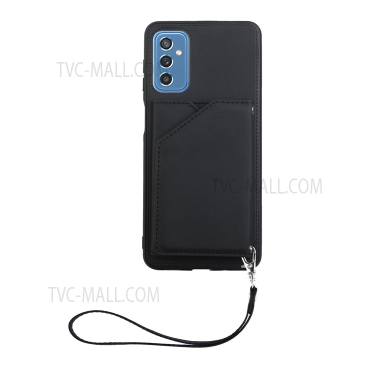 Scratch-resistant Solid Color Card Slots Kickstand PU Leather + TPU Phone Case with Handy Strap for Samsung Galaxy M52 5G - Black-6
