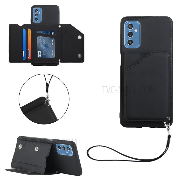 Scratch-resistant Solid Color Card Slots Kickstand PU Leather + TPU Phone Case with Handy Strap for Samsung Galaxy M52 5G - Black-7