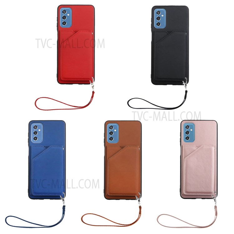 Scratch-resistant Solid Color Card Slots Kickstand PU Leather + TPU Phone Case with Handy Strap for Samsung Galaxy M52 5G - Black-8