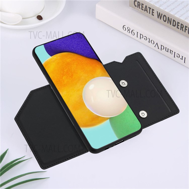 Skin-touch Feel Card Holder Kickstand Well-protected Magnetic Buttons Design PU Leather Coated Cover Shell for Samsung Galaxy A13 5G - Black-5