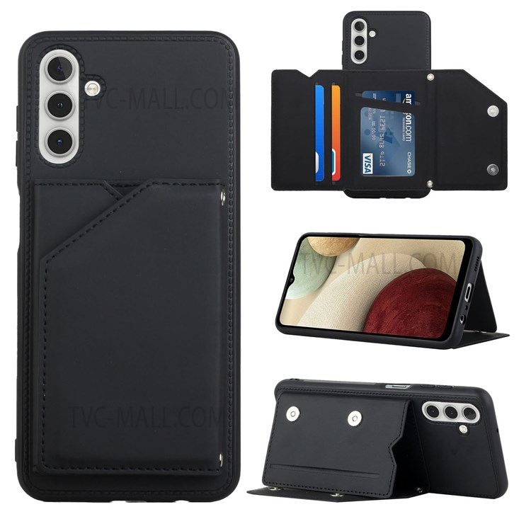 Skin-touch Feel Card Holder Kickstand Well-protected Magnetic Buttons Design PU Leather Coated Cover Shell for Samsung Galaxy A13 5G - Black-8