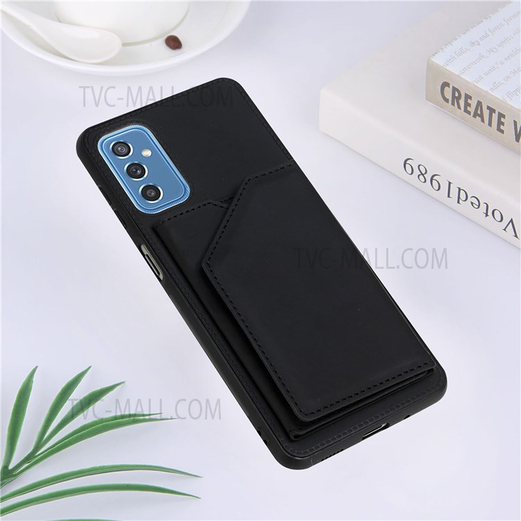Skin-touch Feel Kickstand Card Holder Scratch-resistant Solid Color PU Leather Coated Protective Case Cover for Samsung Galaxy M52 5G - Black-6