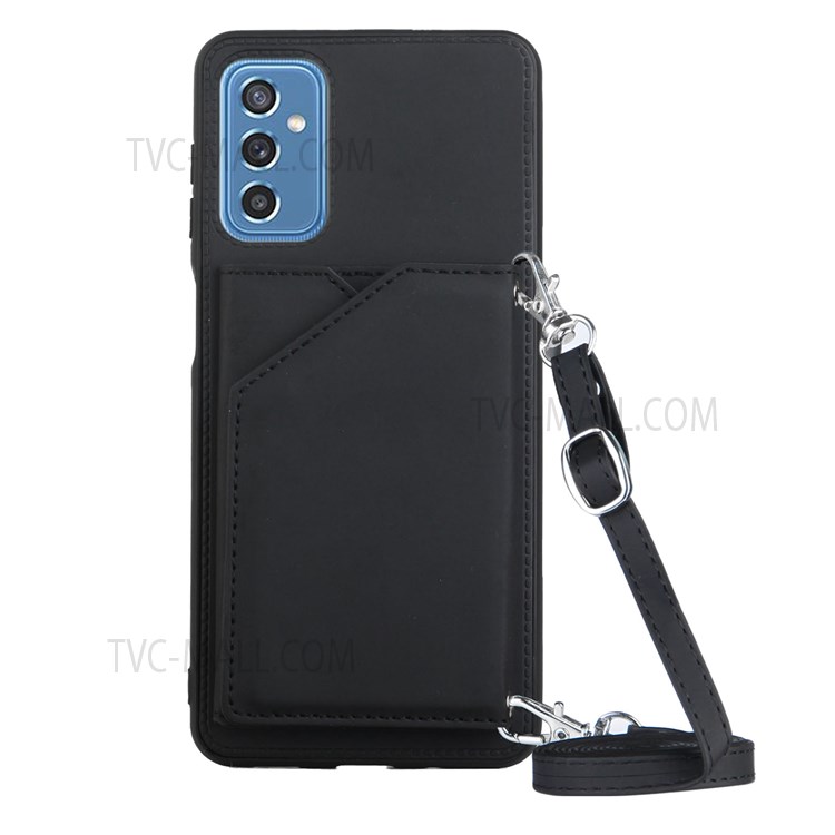 Multiple Card Slots Kickstand Shockproof Anti-fall PU Leather + TPU Phone Cover with Shoulder Strap for Samsung Galaxy M52 5G - Black-1