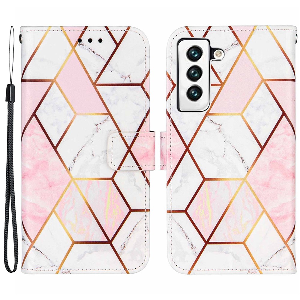 Marble Pattern Splicing Well-Protected Stylish Leather Case Wallet Stand Phone Cover with Handy Strap for Samsung Galaxy S22 - Pink/White-1