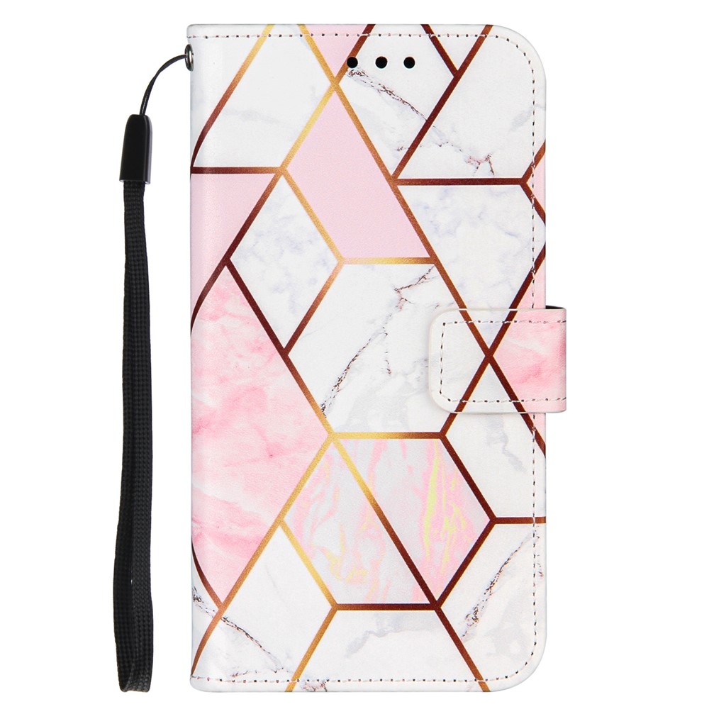 Marble Pattern Splicing Well-Protected Stylish Leather Case Wallet Stand Phone Cover with Handy Strap for Samsung Galaxy S22 - Pink/White-2