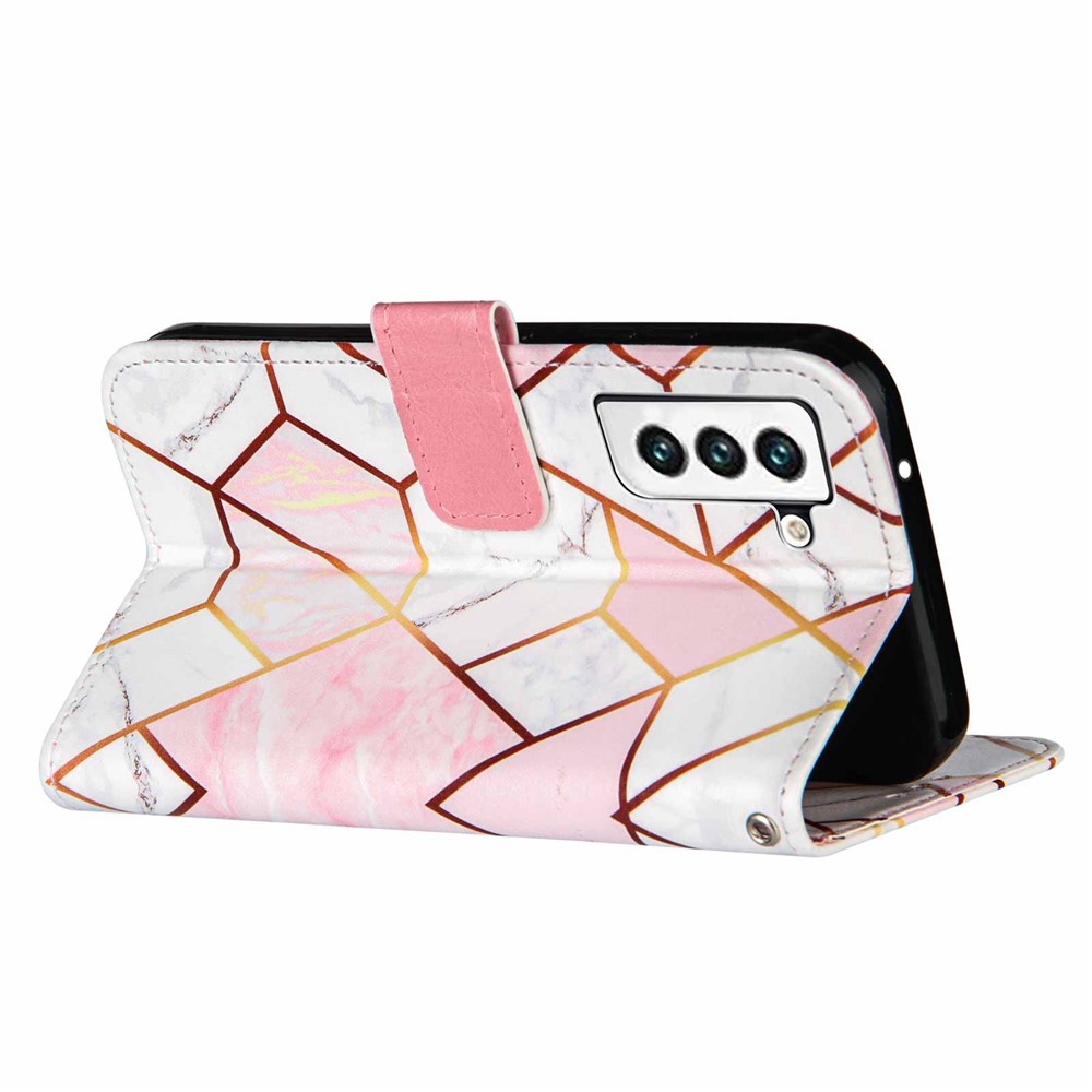 Marble Pattern Splicing Well-Protected Stylish Leather Case Wallet Stand Phone Cover with Handy Strap for Samsung Galaxy S22 - Pink/White-3