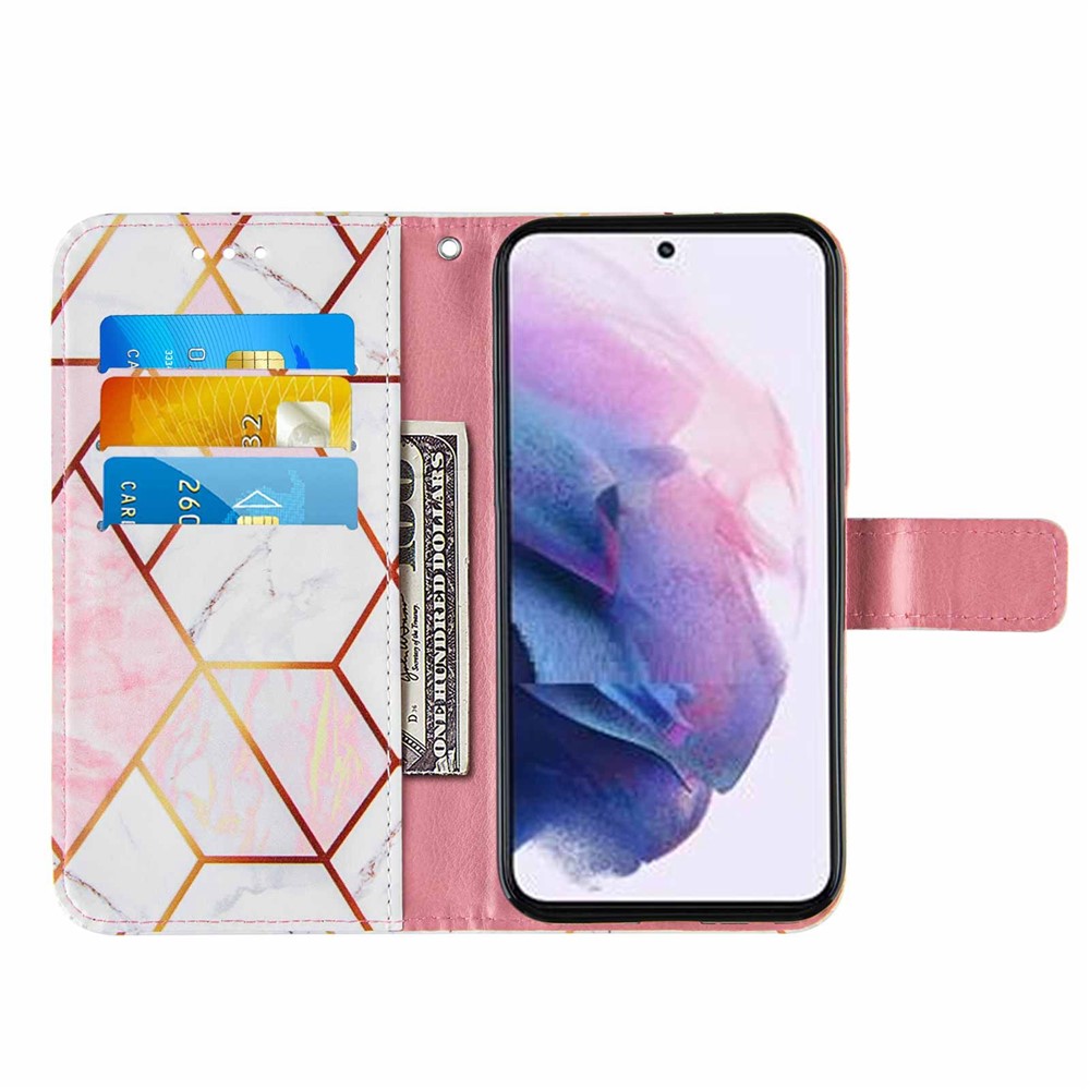 Marble Pattern Splicing Well-Protected Stylish Leather Case Wallet Stand Phone Cover with Handy Strap for Samsung Galaxy S22 - Pink/White-4